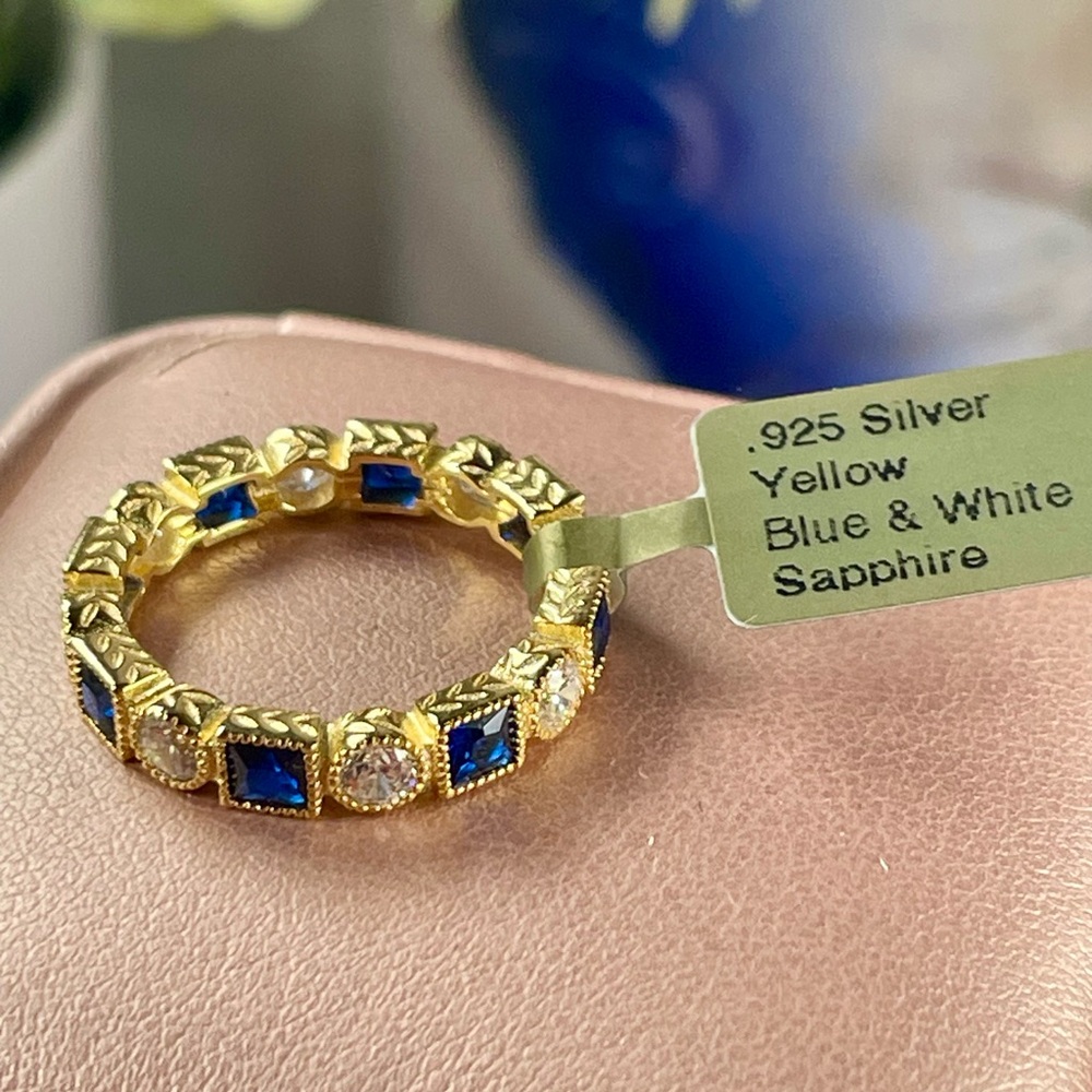 Clearance‼️3.6ct Sapphire Blue/white 14k Yellow gold on Silver Ring. 6 - Picture 7 of 12